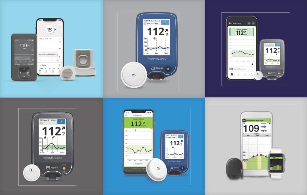 A collage of top selling continuous glucose monitoring brands and their systems.